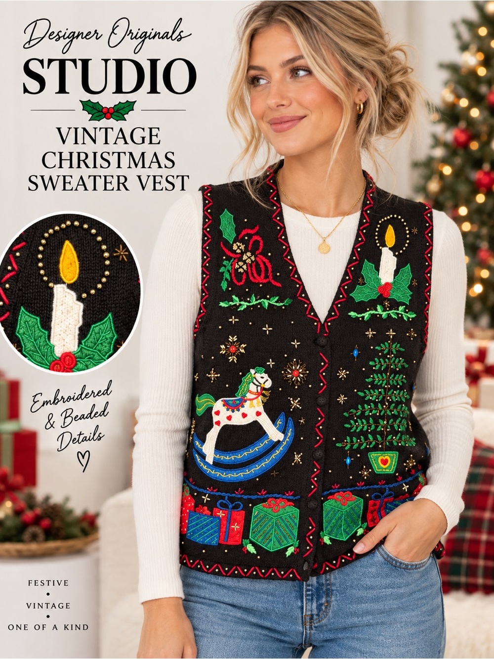 Designer Originals Studio Vintage Christmas Sweater Vest Rocking Horse Tree M